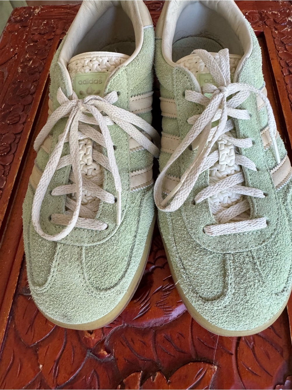 adidas Women’s Sambas Green with White Stripes - Picture 2 of 4